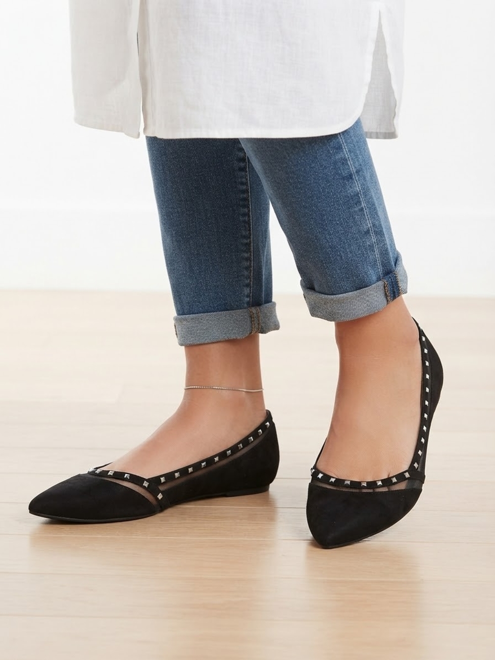 BCBG Black Pointed-Toe Studded Flats Size 9